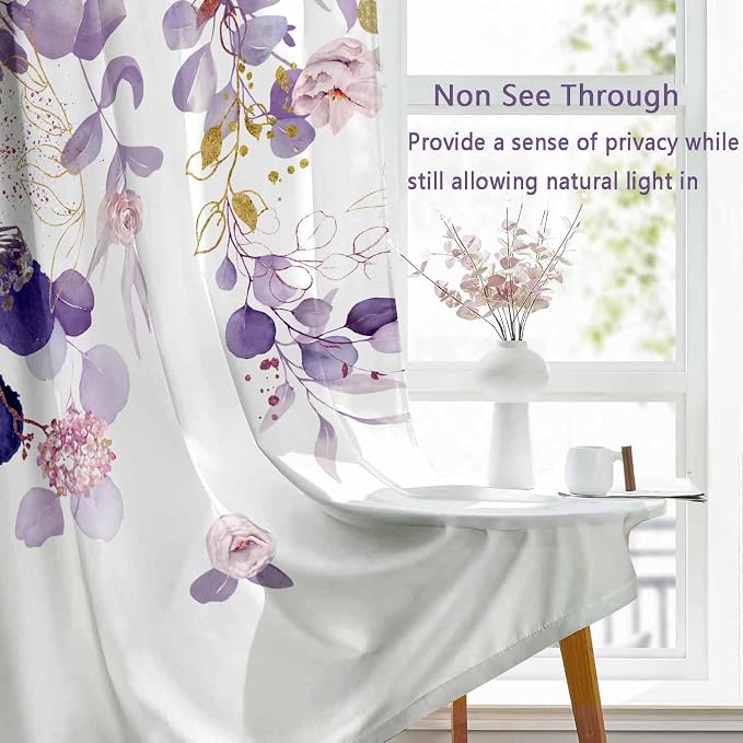 Purple Floral Sheer Curtains 84 Inch Length 2 Panels, Eucalyptus Leaves - Image 2