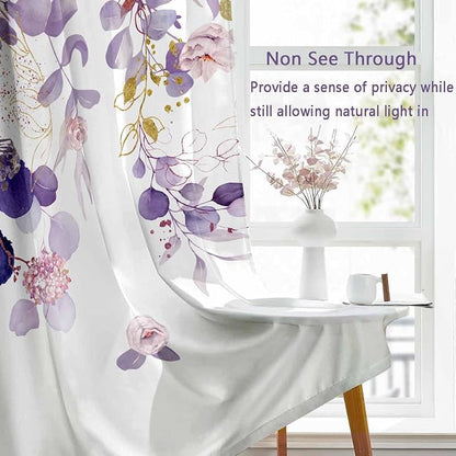 Purple Floral Sheer Curtains 84 Inch Length 2 Panels, Eucalyptus Leaves - Image 2