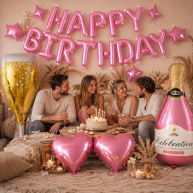 Pink Happy Birthday Balloons Banner, Star Heart Balloons, Champagne Bottle - Image 5