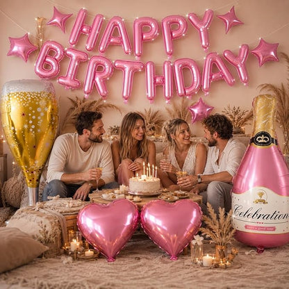 Pink Happy Birthday Balloons Banner, Star Heart Balloons, Champagne Bottle - Image 5