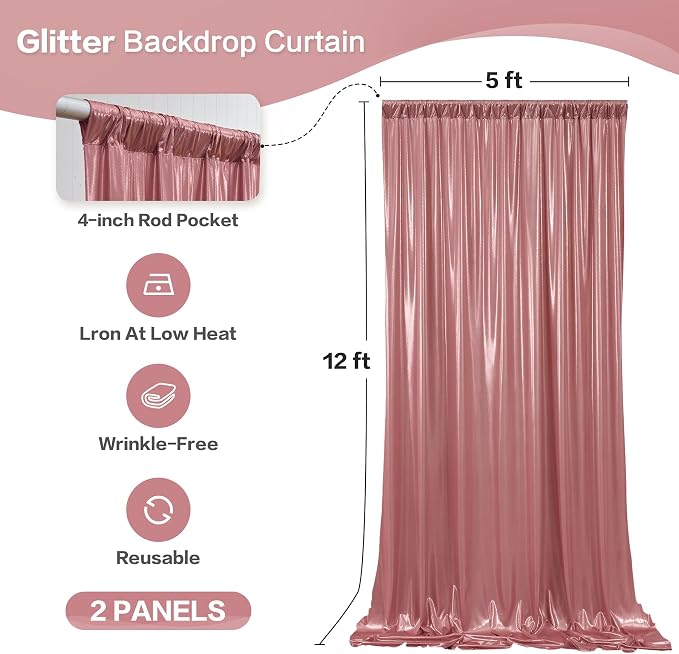 gogoparti 10x12FT Rose Gold Sequin Backdrop Curtain-2 Panels of 5x12FT - Image 6