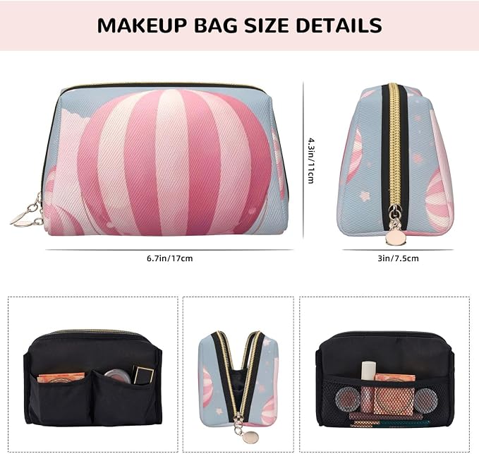 Pink Hot Air Balloon Leather Makeup Bag Cosmetic Pouch Portable Travel Toiletry - Image 4