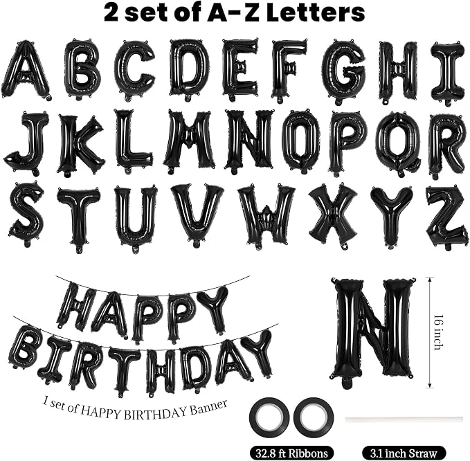 65 Pcs Black Happy Birthday Balloons, 2 Sets A-Z Black Letters Foil Balloons - Image 2
