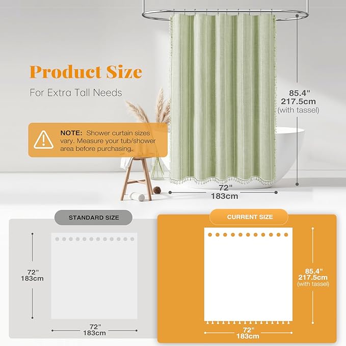 72x84 Long Boho Farmhouse Linen Heavy Duty Shower Curtain, Sage Green | Tall - Image 3