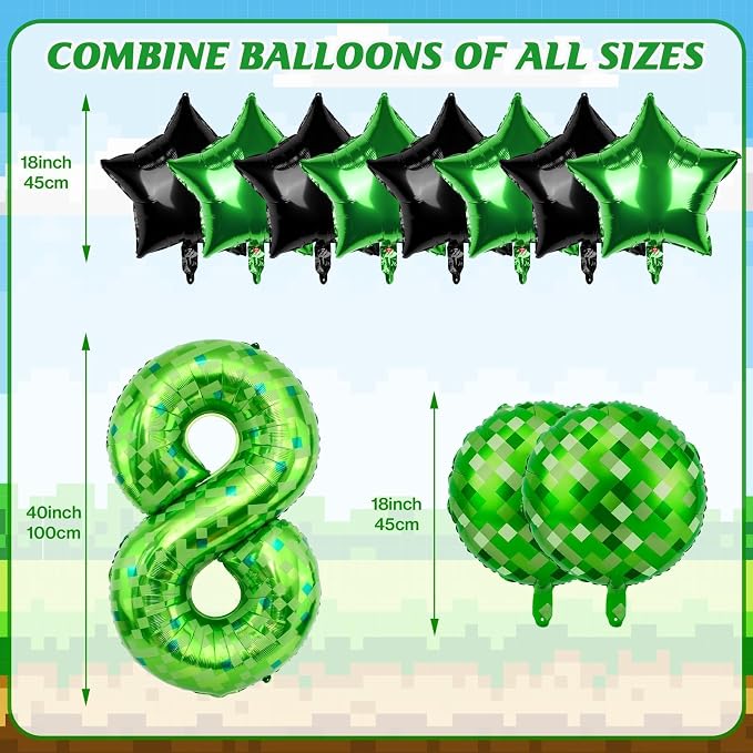40 Inch Green Pixel Themed Number 8 Balloon Set Foil Balloon - Image 2