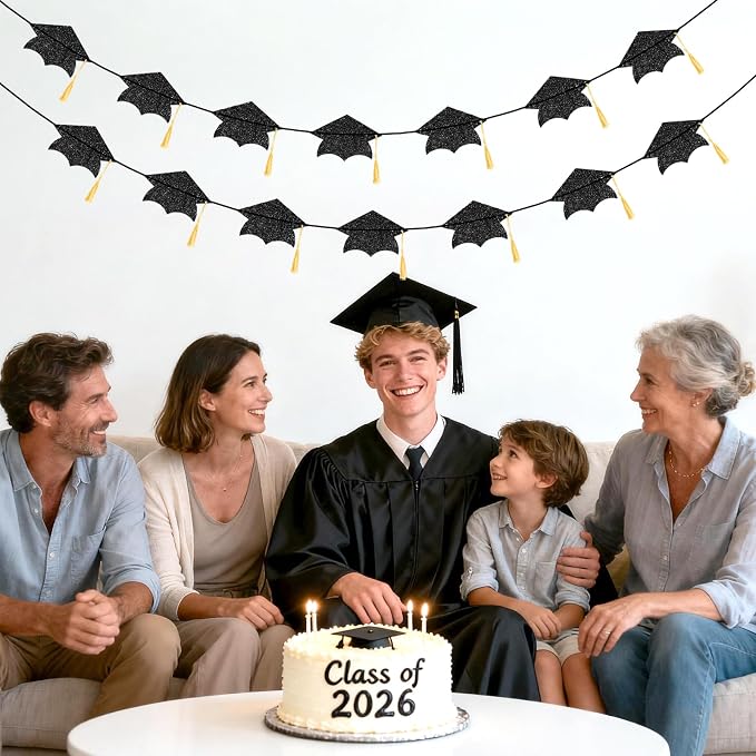jijAcraft Black Graduation Cap Banner, Double-Sided Glitter Grad Garland - Image 6