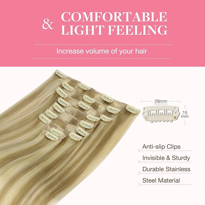 GOO GOO Clip in Hair Extensions Real Human Hair, Remy Human Hair Extensions Clip ins for Women, Natural Human Hair, 20inch 150g 9Pcs, 16/22 Light Blonde Highlighted Golden Blonde
