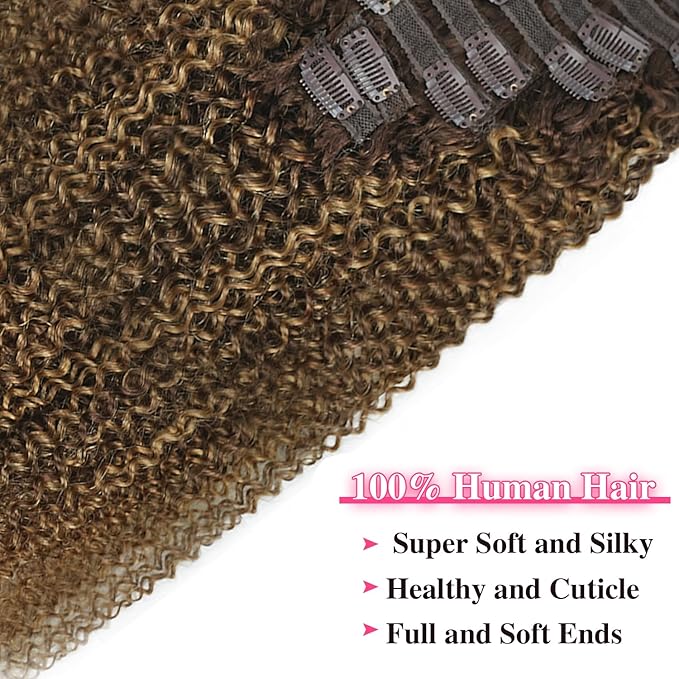 Kinky Curly Clip in Hair Extensions Real Human Hair 4/27/4 Omber Kinky Curly Clip ins For Women 3c 4a Brazilian Virgin Clip on Hair (12inch,#4/27/4)