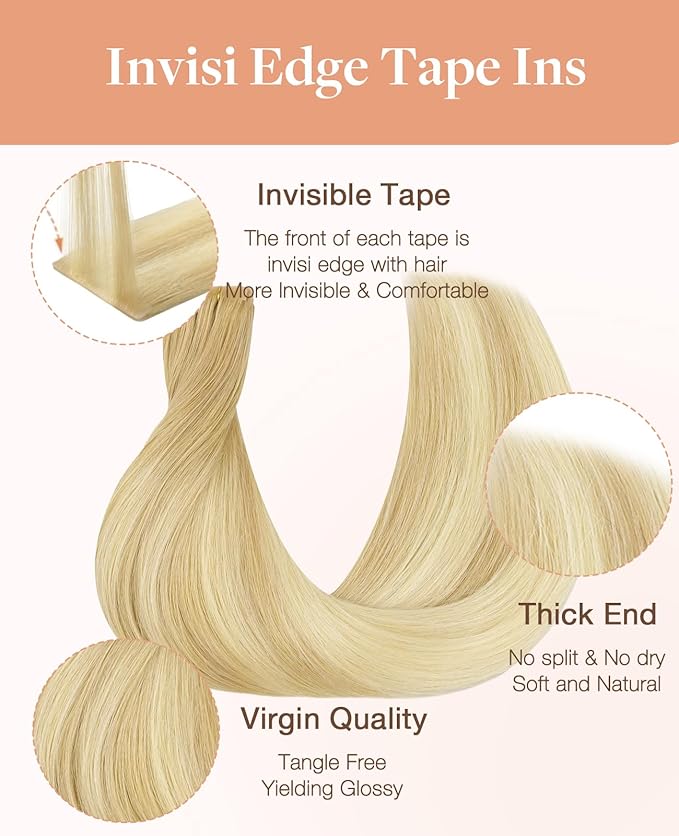 GOO GOO Invisi Edge Tape in Hair Extensions Human Hair, 18AT60A Pearl Ash Blonde Highlights10pcs injected with 10pcs classical tape ins, 18inch 50g, Virgin Remy Hair, Natural Look