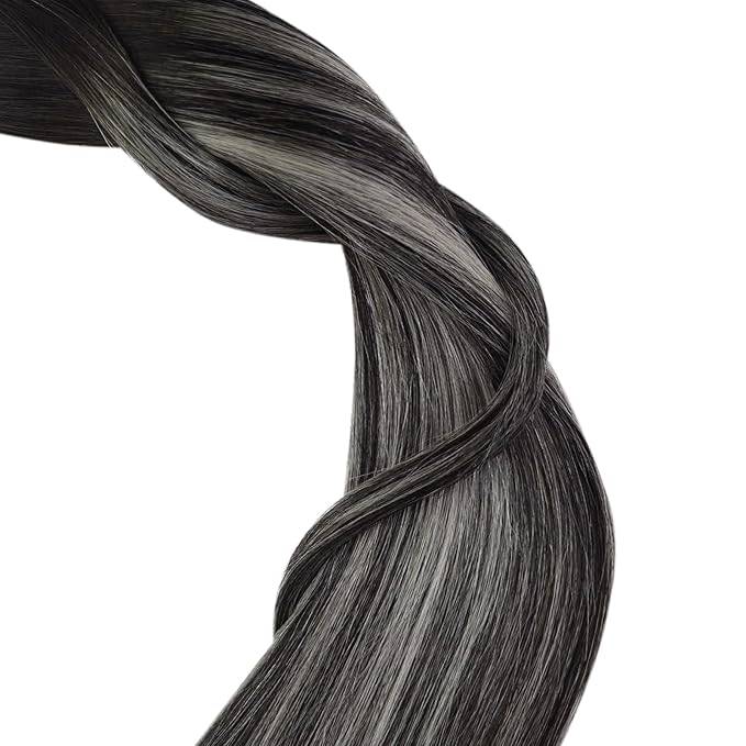 YoungSee Invisible Tape in Hair Extensions Real Human Hair Ombre Black Tape-in Remy Hair Extensions Blend Of Black and Silver Tape on Ombre Hair Extension for Long Straight Hair 24 Inch 50g 20pcs