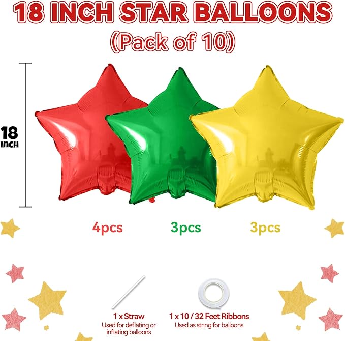 Red Green Gold Star Foil Balloons, 18 Inch Large Metallic Stars Balloons Helium - Image 2
