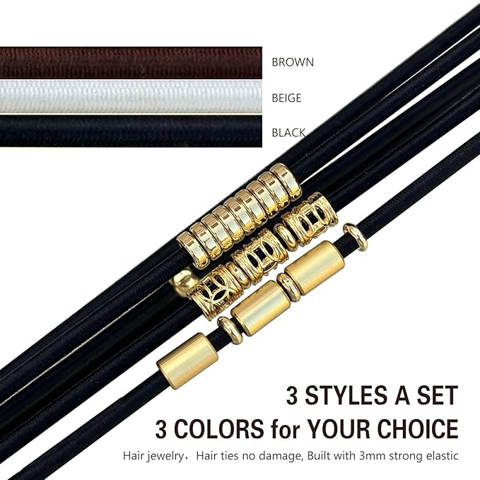 Blonde Extra Large Long Bracelet Hair Ties for Thick Curly Hair,3 Pack 3mm Elastic Ponytail Holders Accessories for Women No Damage Stretchy Pony Tails Bands with Gold Metal Charms Beads