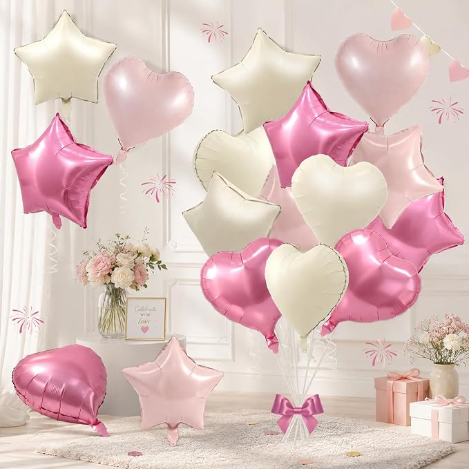 TONIFUL 18 Inch Cream Pink Star and Heart Foil Balloons by TONIFUL