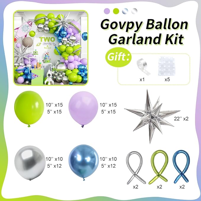 117PCS Purple Green Balloon Garland Kit, Space Birthday Decorations Lime Green - Image 2