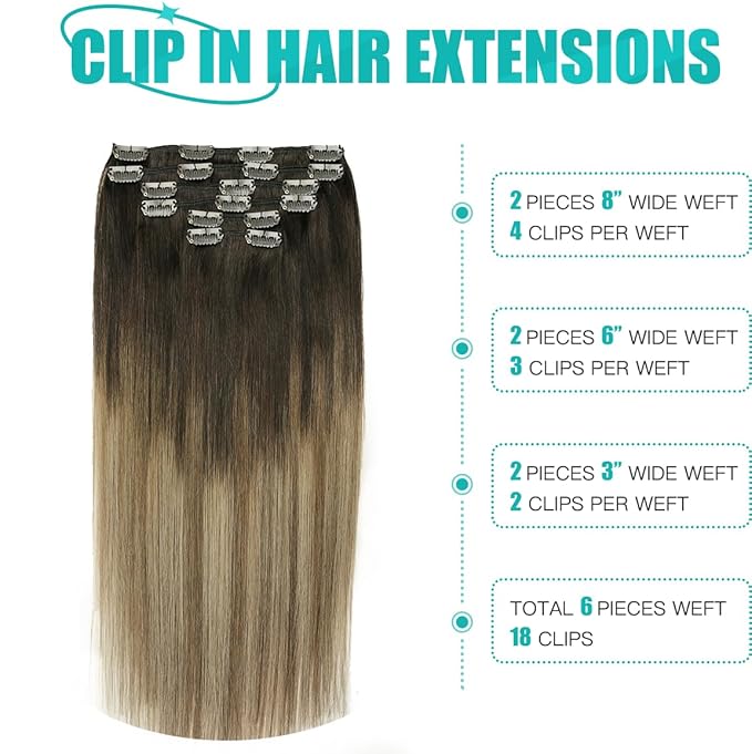 SURNEL Human Hair Clip in Extensions Dark Brown to Dirty Blonde Clip in Hair Extensions Real Human Hair 22inch 6pcs 120g(#2/6/18,22'')