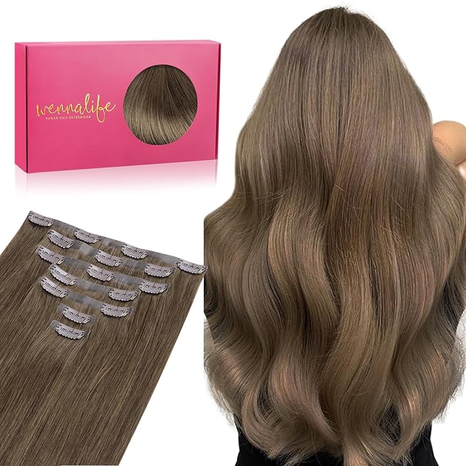 WENNALIFE Seamless Clip In Hair Extensions Human Hair, 22 Inch 150g 7pcs Light Ash Brown Real Hair Extensions Clip in Human Hair Invisible PU Skin Weft Natural Remy Human Hair Extensions