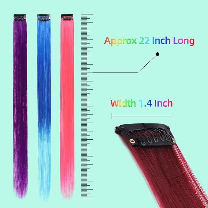 Colored Hair Extensions, Clip in, 22 Inch Long Straight, 10 Pieces Colorful Set, for Kids Girls Women Highlights Party, Synthetic