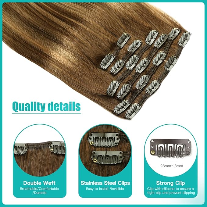 SURNEL Clip in Hair Extensions Real Human Hair Balayage Chocolate Brown to Caramel Blonde Clip in Hair Extensions Clip ins 16 inch 6pcs 100g(#4/27/4,16")