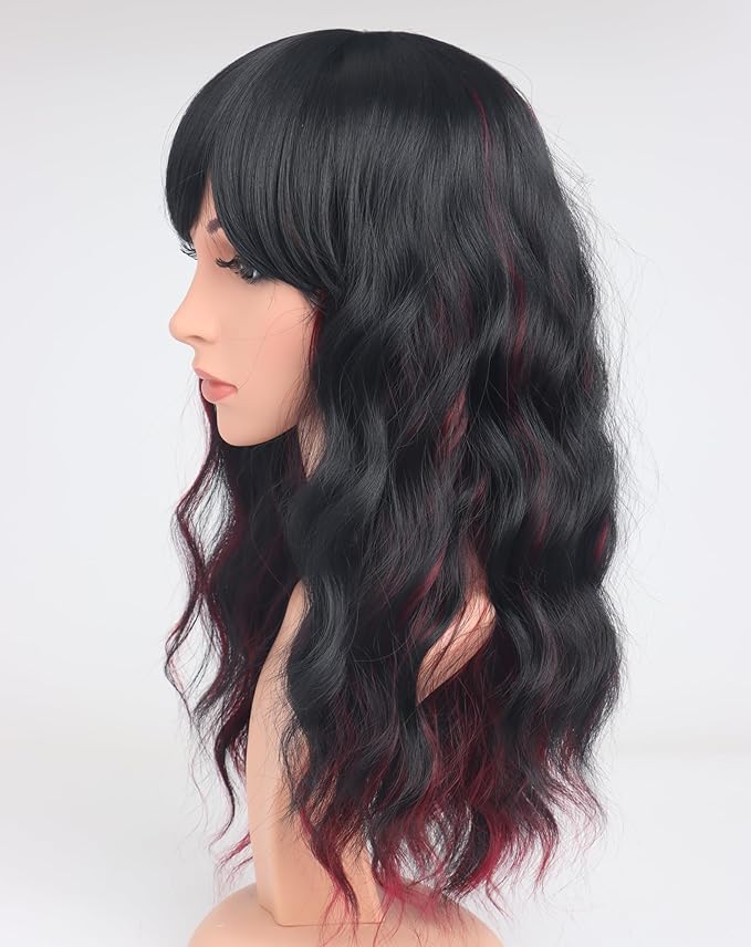 Burdundy-Black Hair Wavy Wigs With Bangs For Women Synthetic Black Hair With Red Undertones Wigs For Daily Use Everyday Wear.