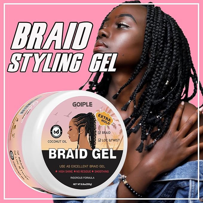 Braid Gel Good for Twist, Locs, Braids, Edge No Flake Extra Hold High Shine Braiding Gel & Edge Control, Loc Gel Long Lasting for Locks, Cornrows Smooths & Tames Frizz 8.8oz (Strawberry Flover)