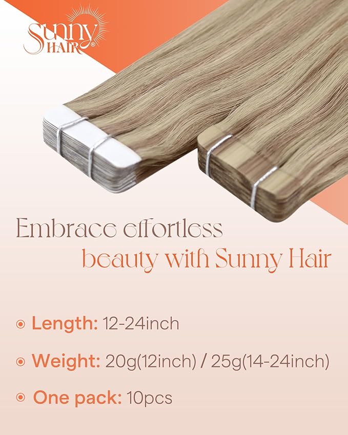 Sunny Hair Blonde Tape in Hair Extensions Human Hair Remy Hair Extensions Real Human Hair Tape in 24inch Human Hair Extensions Tape in 10Pcs 25g