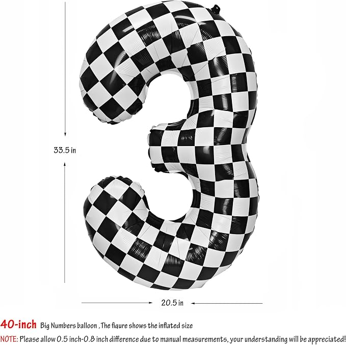 40In Black White Checkered Number 3 Balloon Race Car Digital Foil 3 Balloon | - Image 2