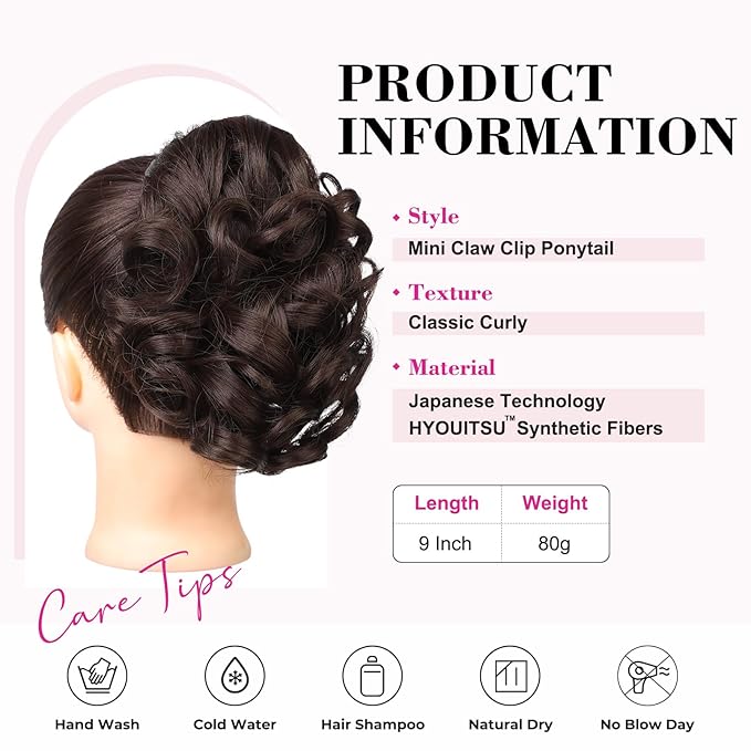 REECHO 9" Short Ponytail Extension, Classic Loose Curly Wavy Claw Clip Pony tails Hair Extensions HP001 Hairpieces for Women (Dark Brown)