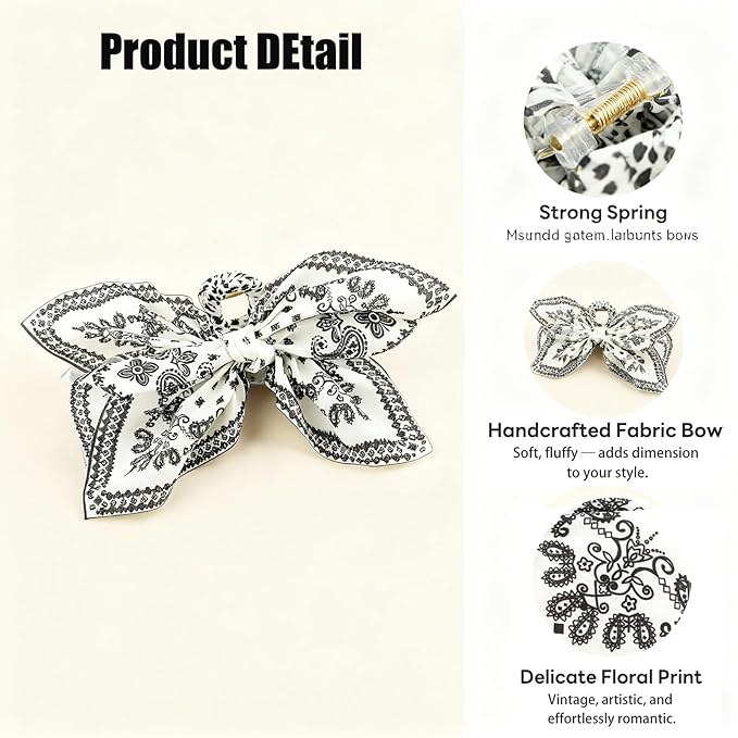 2Pcs Bow Claw Clips Boho Bandana Hair Bow Butterfly Styling Large Hair Clips for Women Large Claw Clips for Thick Hair (White)