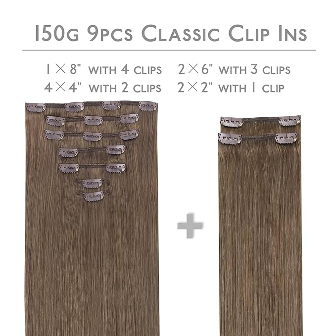 WENNALIFE Clip in Hair Extensions, 150g 22 Inch 9pcs Light Ash Brown Human Hair Extensions Thicker Clip in Hair Extensions Real Human Hair Clip Set Double Weft