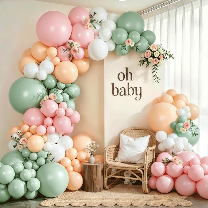 Dusty Green Pink Floral Balloon Garland Arch Kit 144 PCs | Baby Shower Wedding by Vanjehou