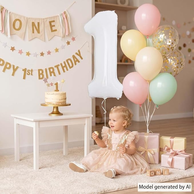 White Number 1 Balloon 40 Inch, Large Foil Mylar 1st Birthday Decorations - Image 2