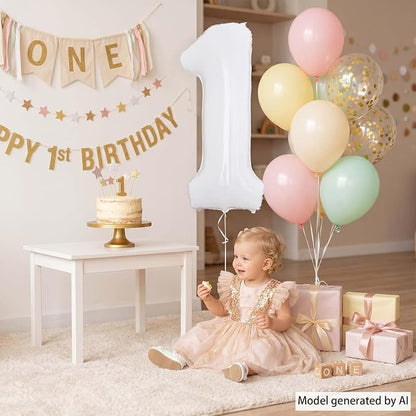 White Number 1 Balloon 40 Inch, Large Foil Mylar 1st Birthday Decorations - Image 2
