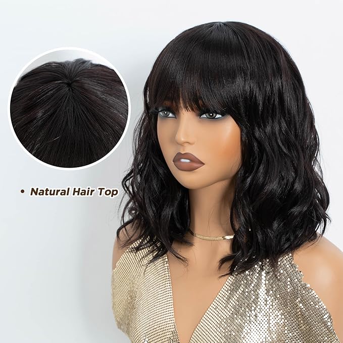 NOBLE Bob Wig with Bangs Short Wavy Wig for Women Dark Brown Shoulder Length Wig Heat Resistant Synthetic Wigs for Daily Party Use 12 Inches