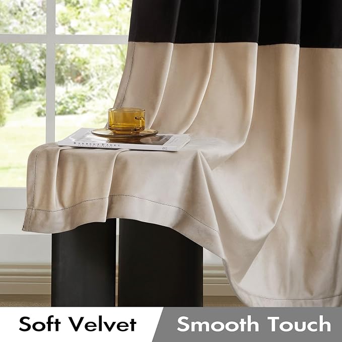 Black Beige Velvet Blackout Curtains Luxury Decor 120 inches, Color Block | - Image 3