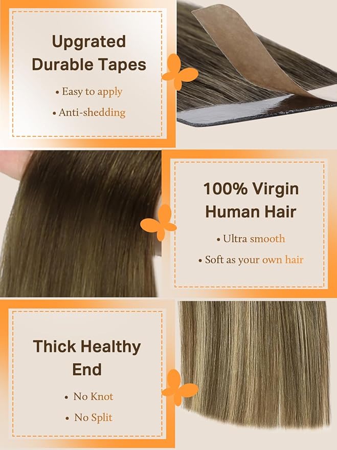 DOORES Human Hair Extensions Tape in Real Balayage Walnut Brown to Ash Brown and Bleach Blonde 18 Inch 20pcs 50g Tape in Hair Extensions Real Hair Extensions Straight