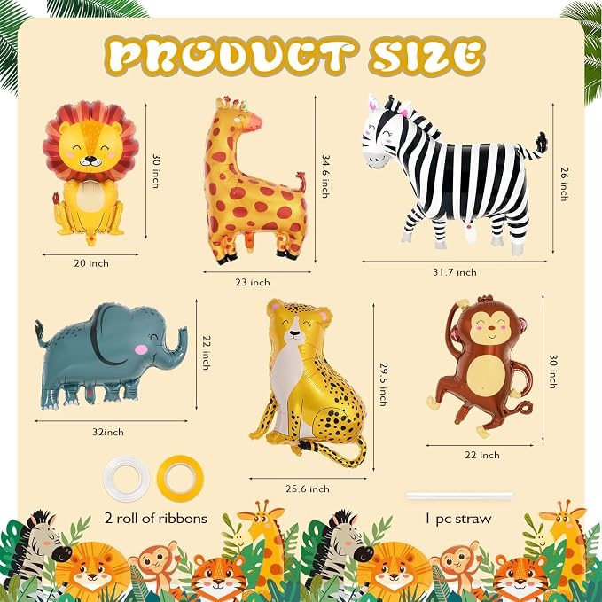 6 Pcs Safari Balloons, Jungle Safari Animals Foil Balloons, Giant Zoo Animal - Image 2