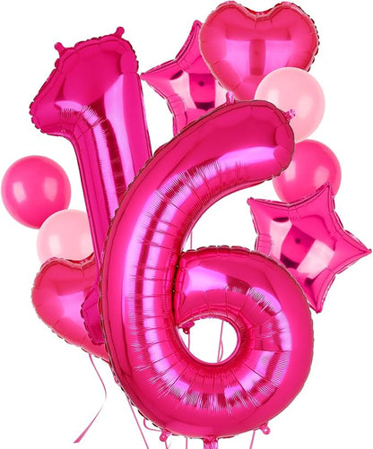 40 Inch Number Balloon Hot Pink 16 Set Pink Theme 16th Birthday Decor 10Pcs | by GGDE