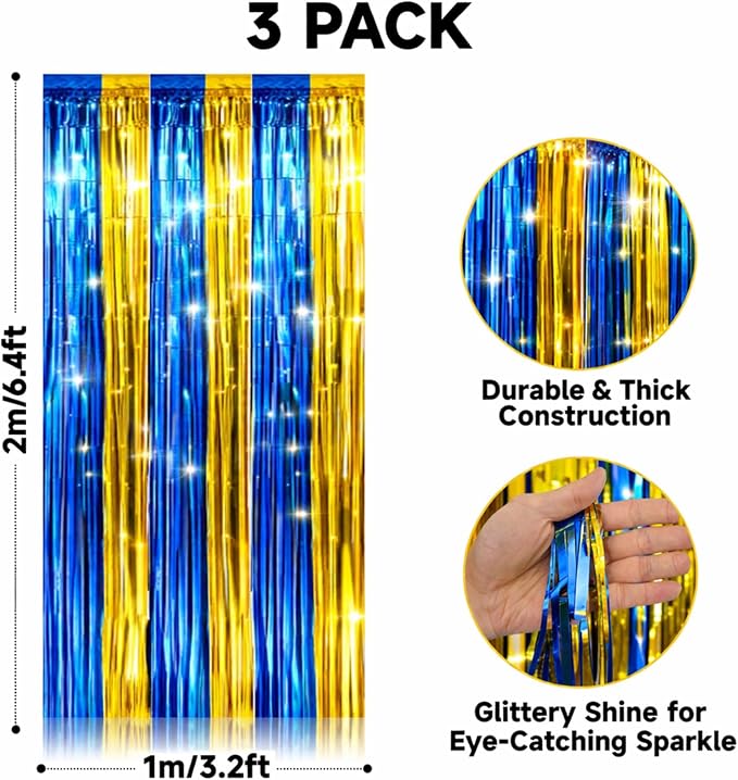 jijAcraft Blue Gold Tinsel Foil Fringe Curtain, 3 Pack 3.2x6.5 Feet Graduation - Image 2