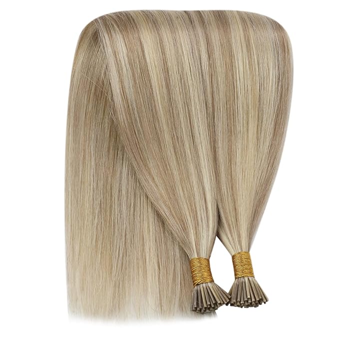 YoungSee I Tip Extensions Highlight Golden Blonde and Blonde Itip Human Hair Extensions Blond Itip Hair Extension Real Human Hair 16 Inch Keratin Tip Hair Extension Easy to Wear 80s 50g for Girls