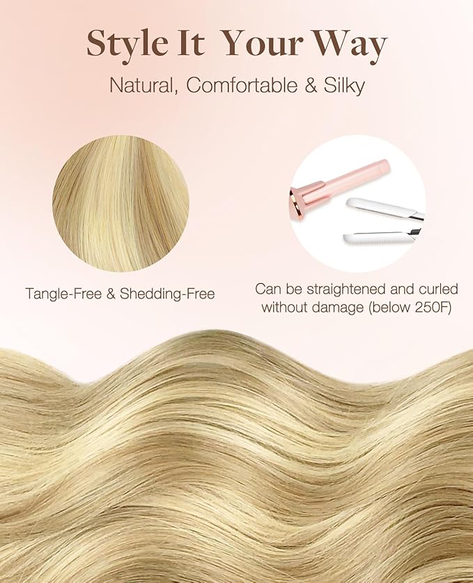 GOO GOO Invisi Edge Tape in Hair Extensions Human Hair, 16/22 Light Blonde Highlighted Golden Blonde 10pcs injected with 10pcs classical tape ins, 24inch 50g, Virgin Remy Hair, Natural Look