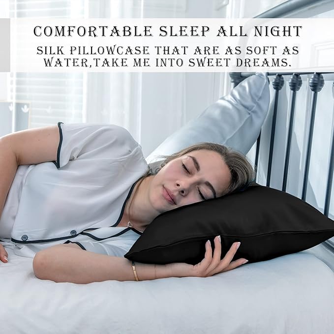Silk Body Pillowcase Mulberry Silk Pillow Cases with Zipper Soft Breathable Smooth Cooling 20x54 inches Pillowcase for Sleep (Black,20"X 54",1Pcs)