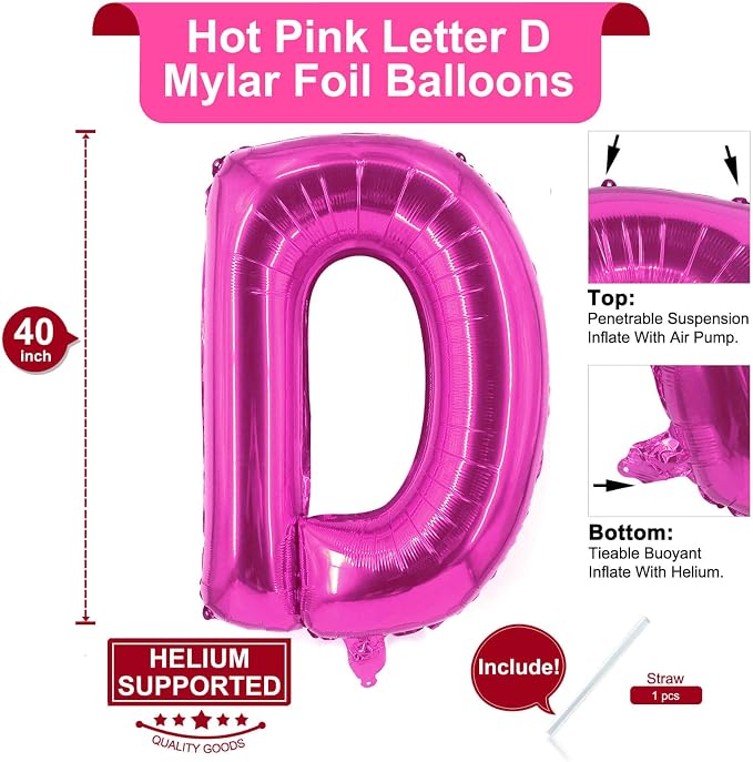Lovoir 40 Inch Large Hot Pink Letter D Balloons Big Size Jumbo Mylar Foil - Image 2