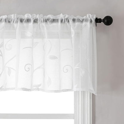 Kitchen Sheer Cafe Curtains Embroidered Leaves White 54Wx16L | Light Filtering - Image 2