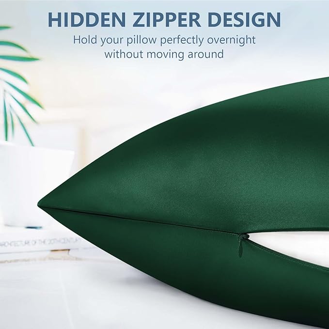 Silk Pillow Cases Standard Size 100% Mulberry Silk Pillowcase for Hair & Skin 22 Momme Both Sided Grade 6A Silk Cooling Soft Breathable 20 x 26 Inches with Hidden Zipper 1PC, Green