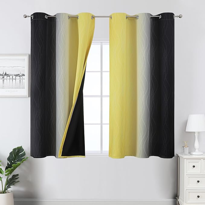 Black and Yellow Blackout Curtains 45 Inch Length, Full Light Blocking Gradient by ESTELARTEXTILER