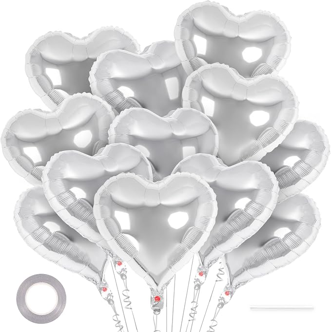 12 Pcs Silver Heart Balloons, 18 Inch Heart Foil Balloons Love Balloon by YOTHORN