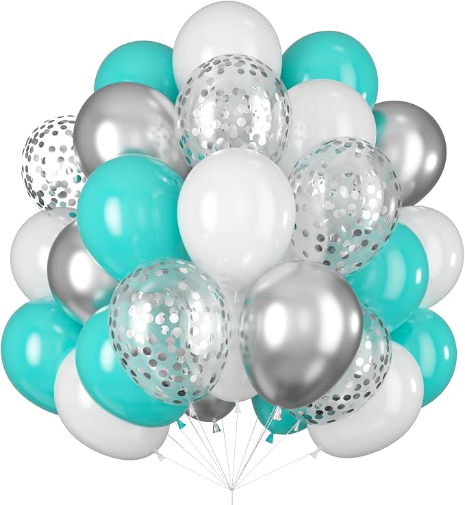 Balloons Teal Blue White Silver 12inch Mettalic Chrome Silver Confetti Balloon by Isndare