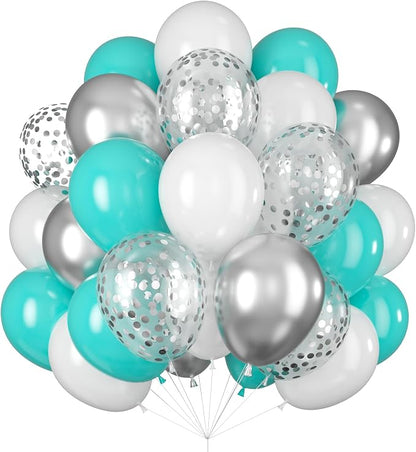 Balloons Teal Blue White Silver 12inch Mettalic Chrome Silver Confetti Balloon by Isndare