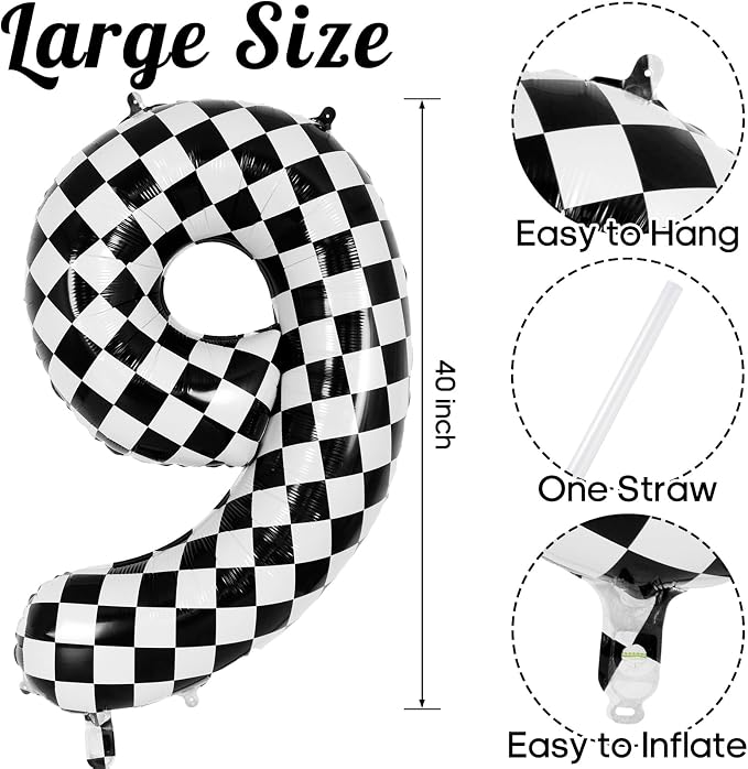 Checkered Number 9 Balloon 40 Inch, Large Foil Black and White Number Balloons - Image 3