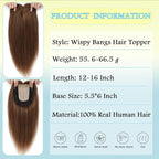 Hair Toppers for Women Real Human Hair, 360° 3D Toppers Pieces for Women with Thinning Crown Wispy Bangs 12 Inch Upgrade Big Basement (Light Brown, 12 Inch Wispy Bangs)